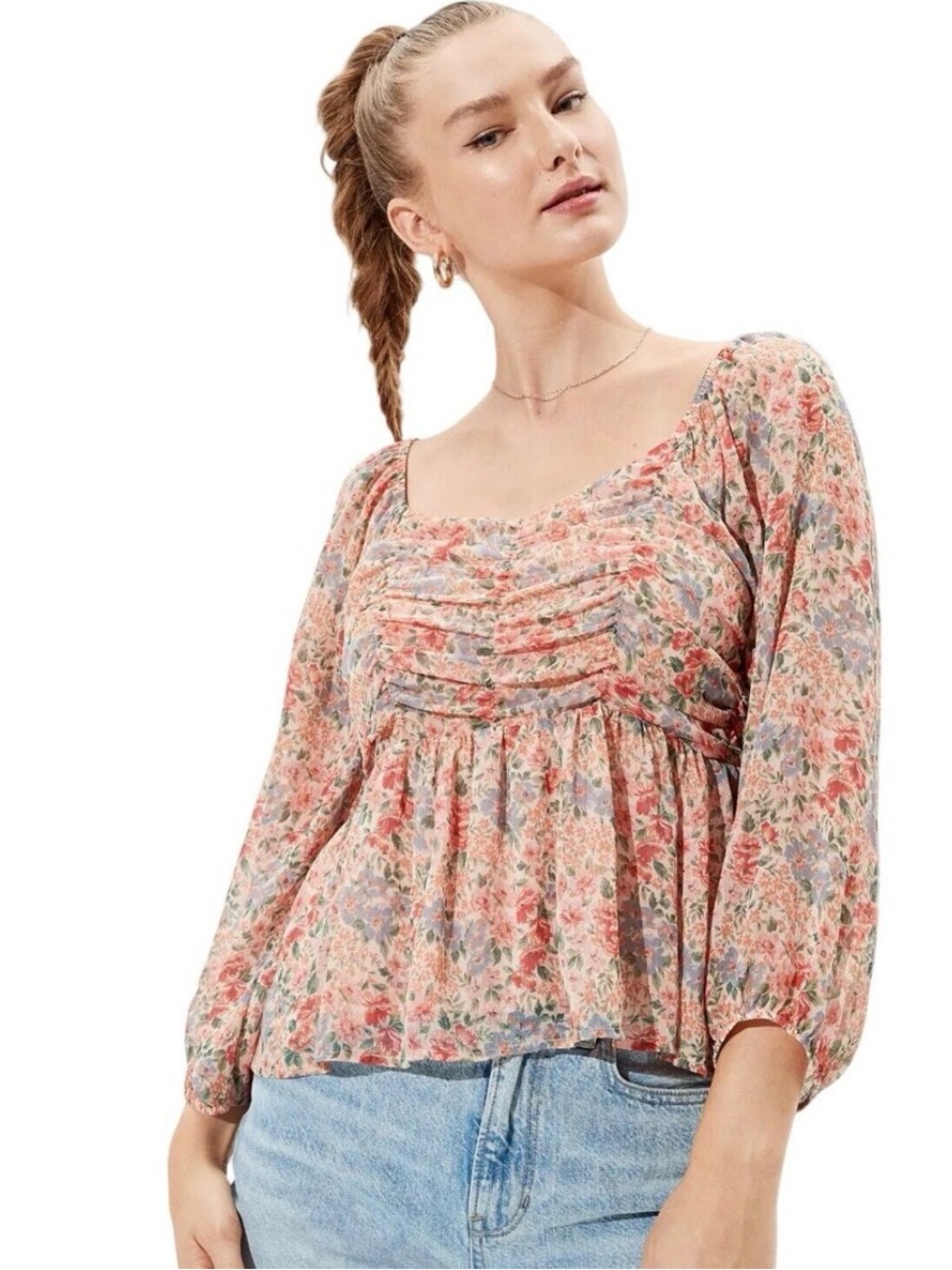 American Eagle Floral Ruched Front Smocked Back Long Sleeve Blouse - Size L